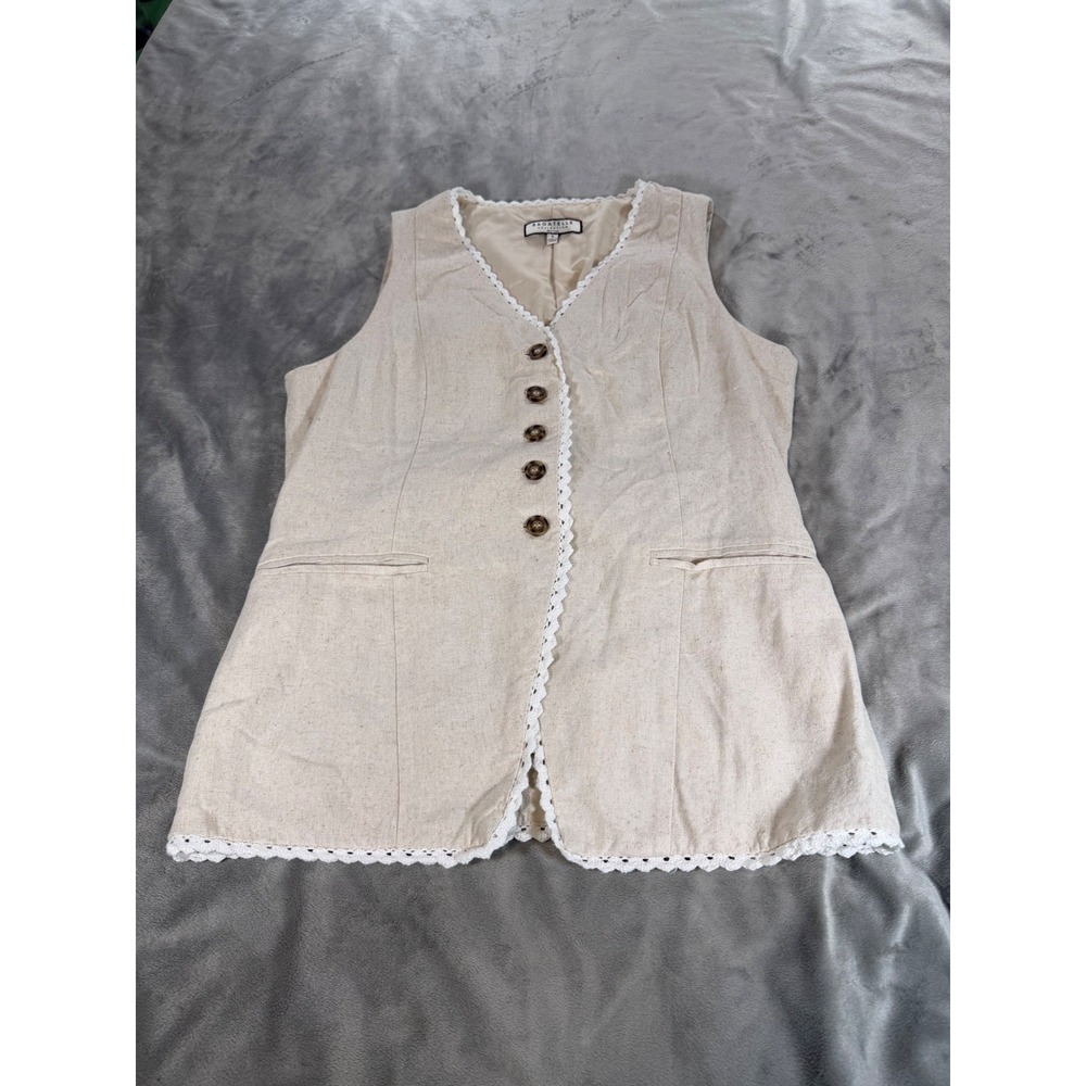 Bagatelle Collection Linen Blend Button Vest Lace Trim V-neck Pockets‎ Sz Small